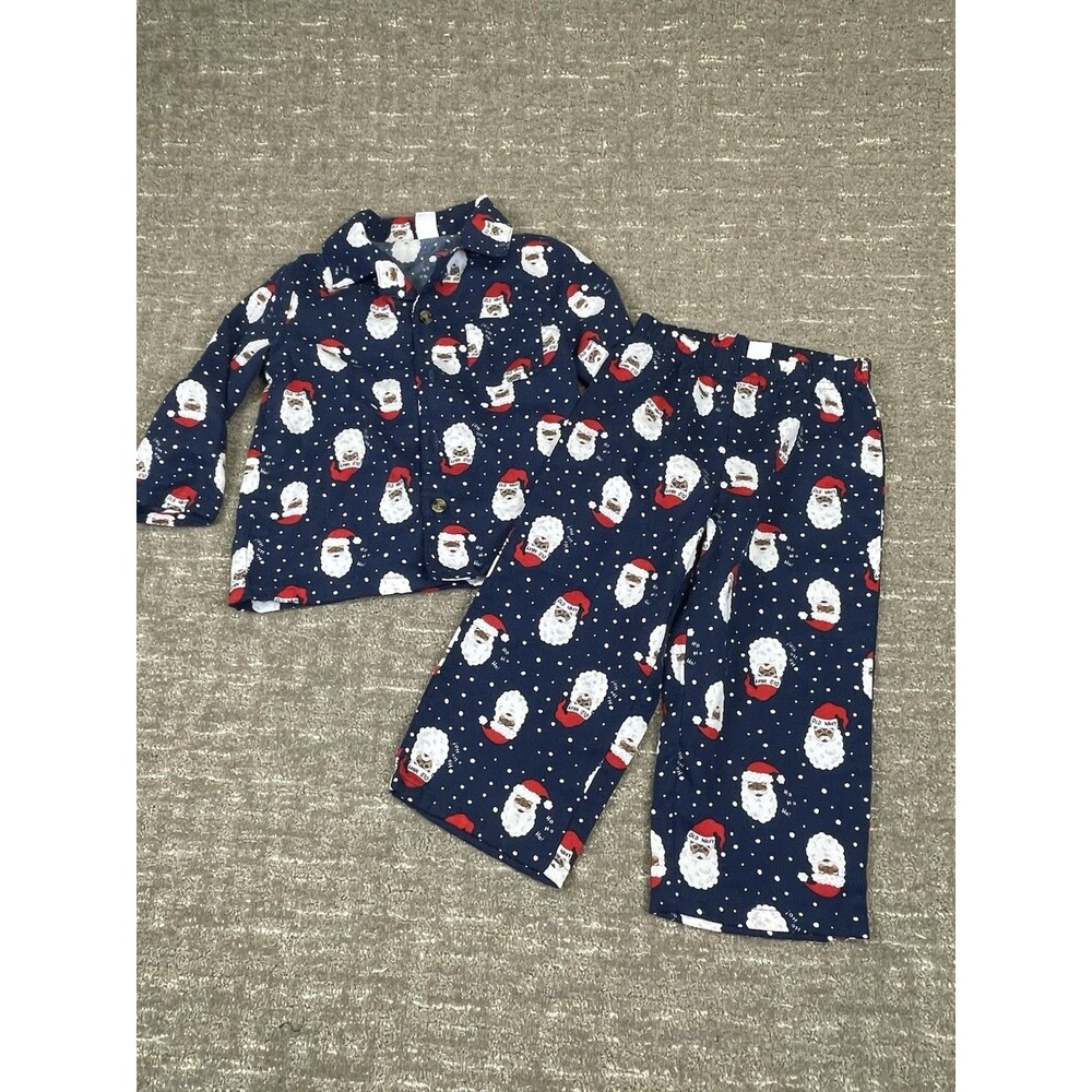 Old Navy 2T Navy Blue Santa Claus 2 Piece Flannel Pajamas Pj Button Christmas